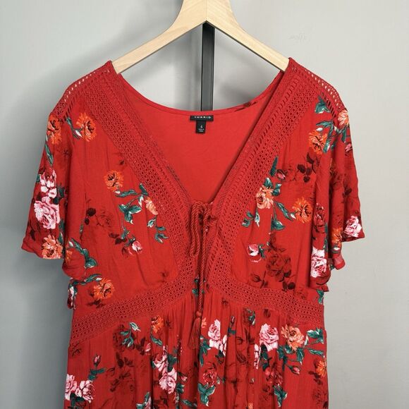TORRID Red Floral Crochet Skater Dress Boho Front Tassel Tie Size 4X - Picture 2 of 8